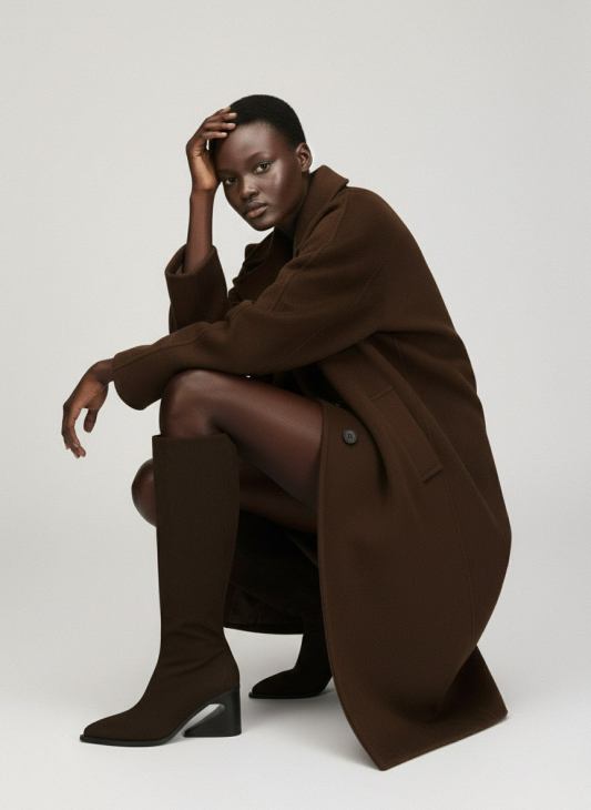 A model poses in a brown coat and long brown boots, showcasing a minimalist fashion look.