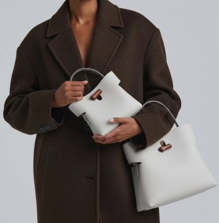 A model wearing a brown coat and holding two stylish bags, one white and one light-colored with a unique design.
